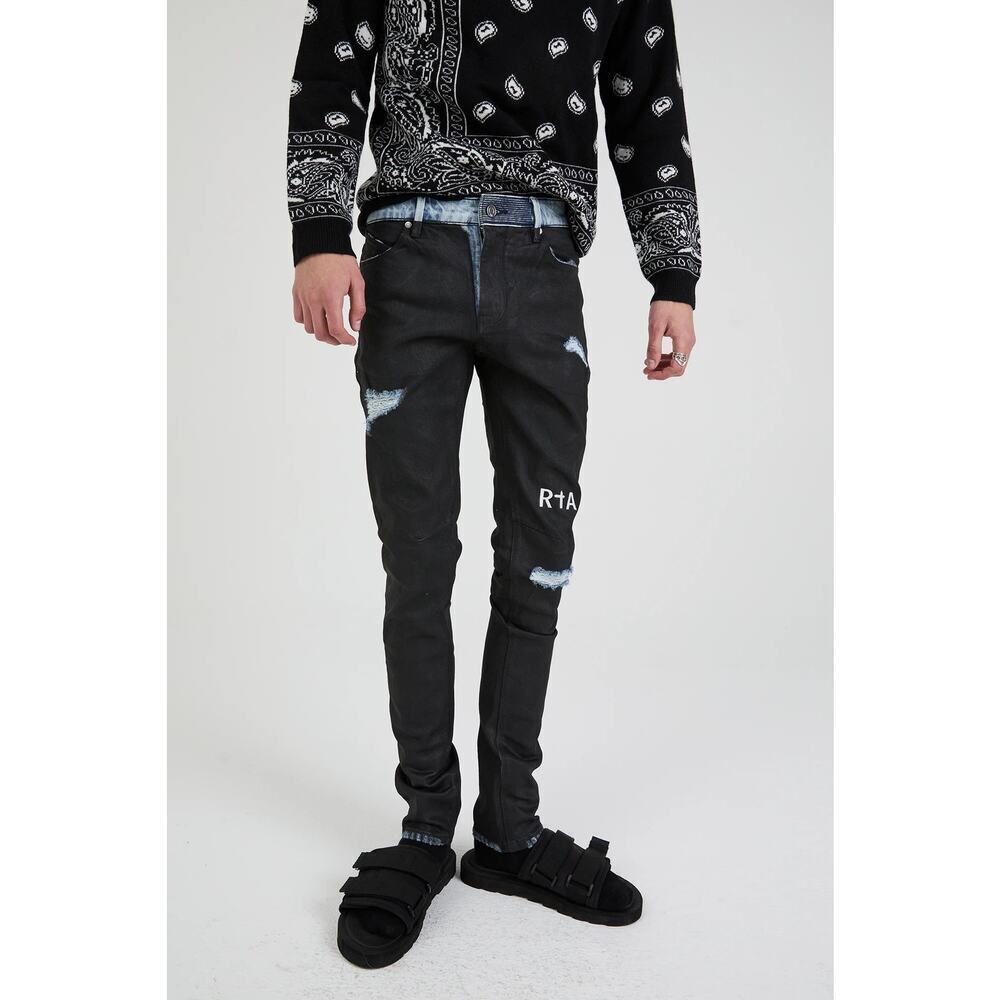 Rta Bryant Skinny Jeans In Black Coated Distressed Men's Size 33
